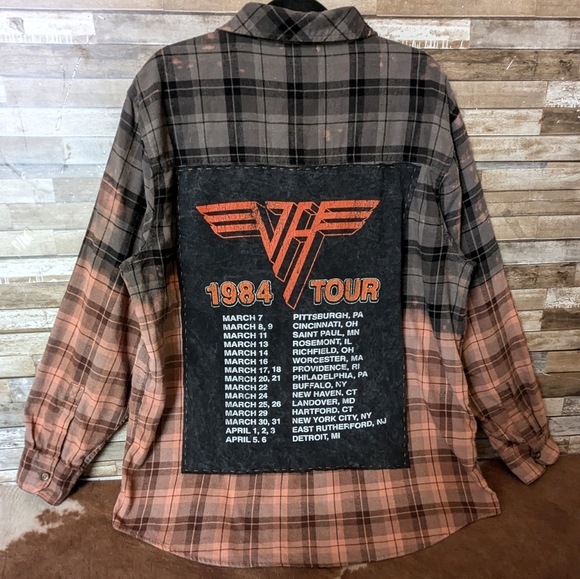 Hand Crafted Tops - Van Halen World Tour 1984 Upcycled Dip Dye Bleach Flannel Shirt